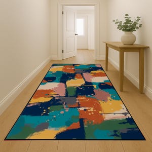 Abstrakter Farben-Flecken-Läufer-Teppich, bunter künstlerischer Flur-Teppich, moderner Pinselstrich-Entryway-Bodendekor