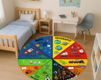 Round Educational Kids Playroom Rug, Math Science Geography and History Carpet