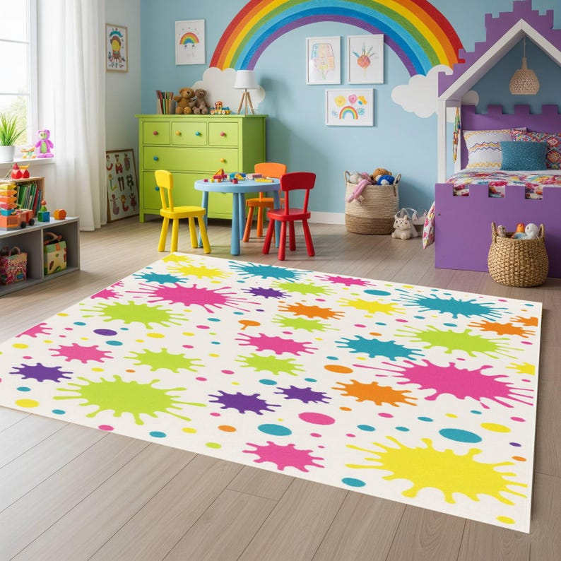 Orange Splat Rug Color Splash Kids Rug, Paint Splatter Pattern Playroom Nursery Area ...