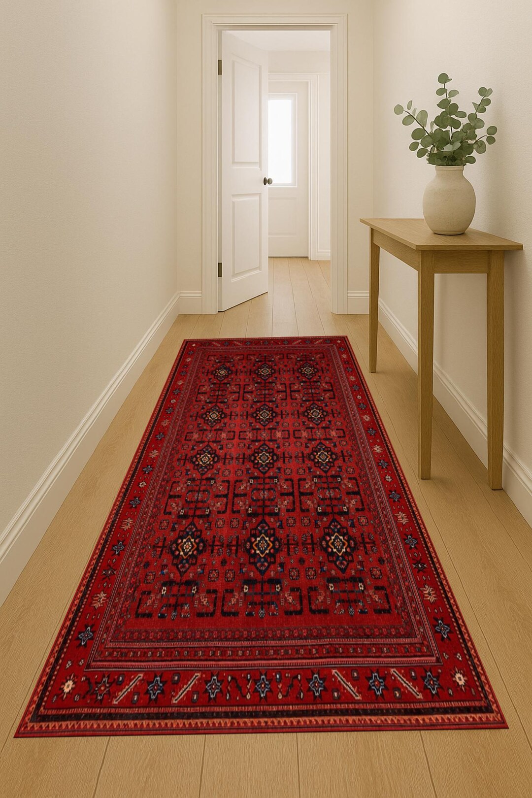 Red Tribal Runner Rug, Vintage Style Hallway Carpet, Boho Geometric Mat ...