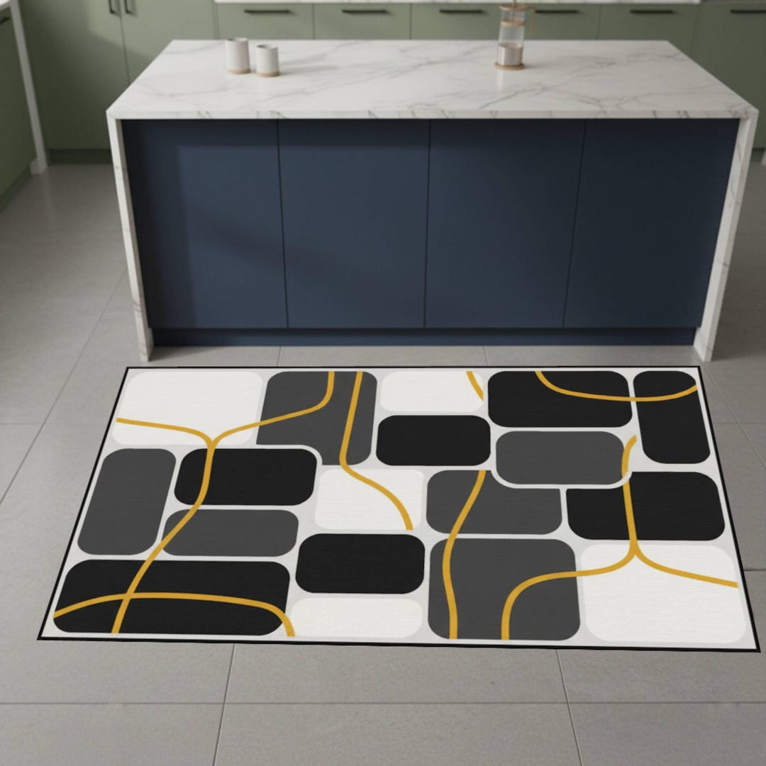 Funky Kitchen Rugs Abstract Geometric Kitchen Runner Rug, Modern Retro Blocks Pattern Non ...