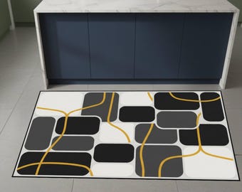 Abstract Geometric Kitchen Runner Rug, Modern Retro Blocks Pattern Non Slip Floor Mat Decor
