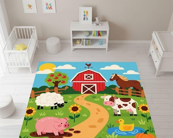 Farm Animal Kids Rug, Colorful Barn Design Carpet For Nursery, Playroom Baby Room Mat