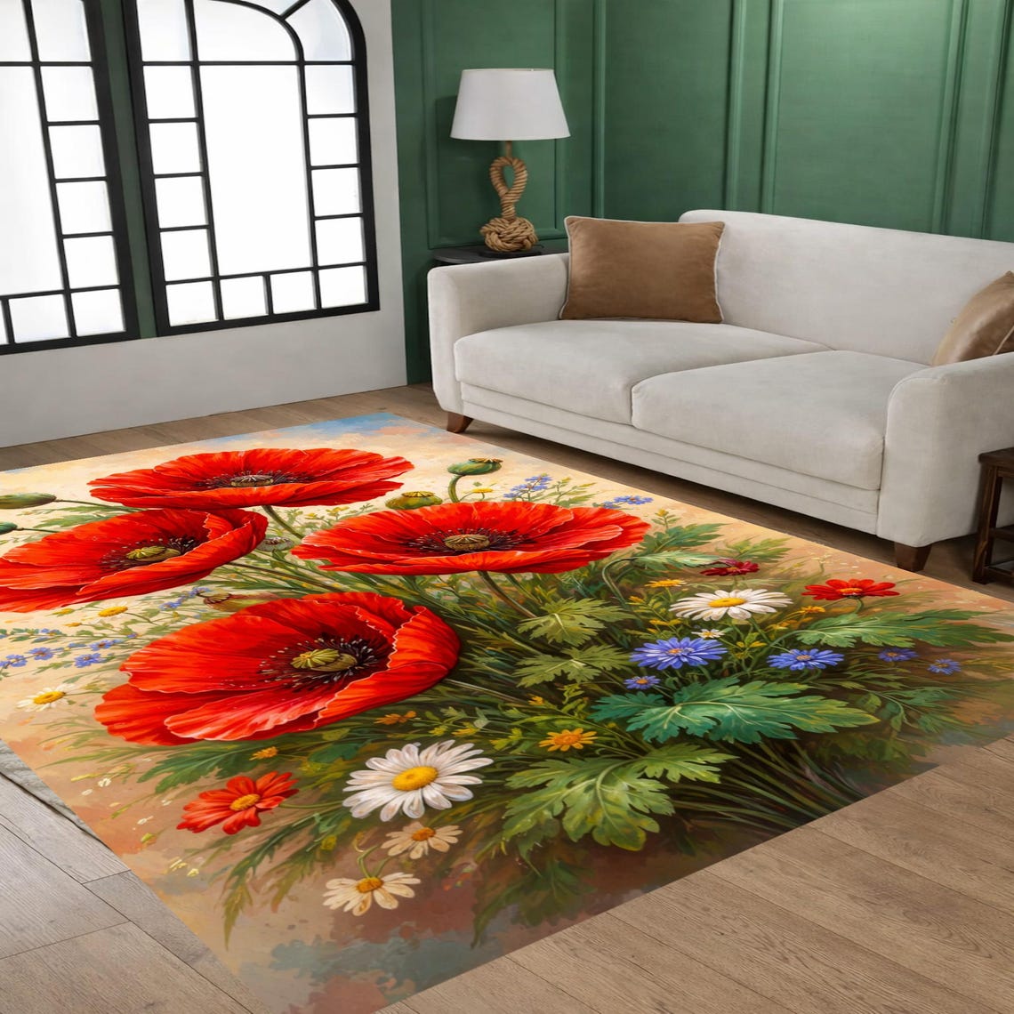 Flower City Rug Red Poppy Flower Area Rug, Botanical Garden Carpet, Floral Living Room ...
