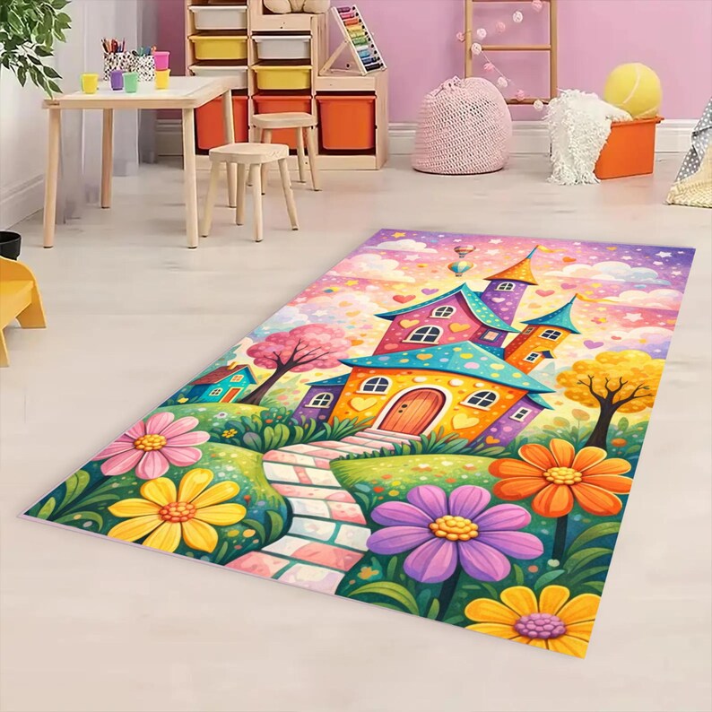 Fairy Blue Rug Whimsical Fairy House Rug, Colorful Garden Cottage Carpet, Kids Room ...