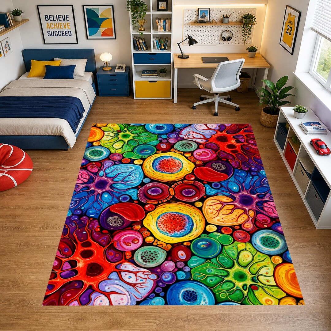 Biology Rug Design Psychedelic Cell Pattern Rug, Abstract Biology Carpet, Vibrant Teen ...