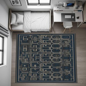 Navy geometric pattern rug, modern teen room carpet, stylish dark blue kids area mat, contemporary nursery floor decor, soft playroom rug
