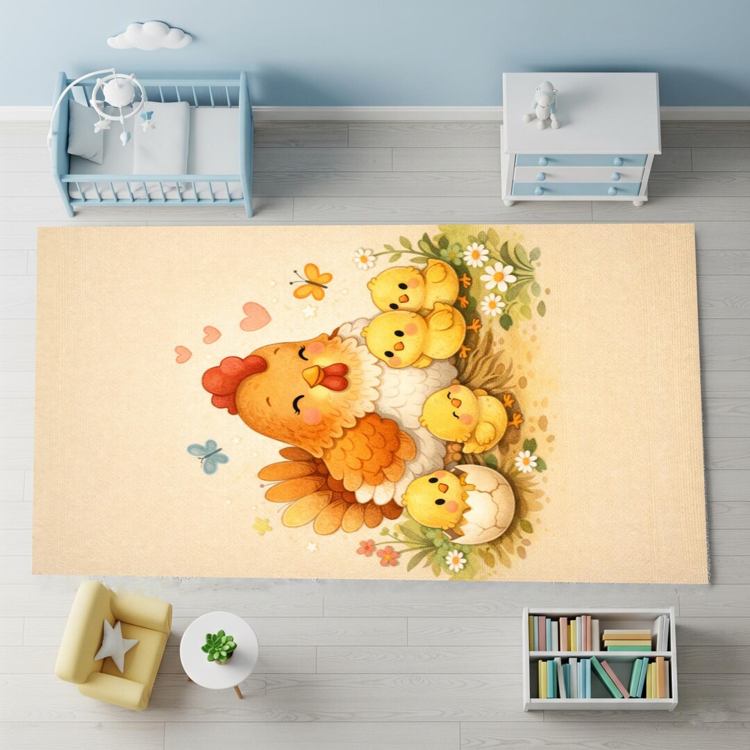 Baby Chick Nursery Rug, Farm Animal Family Carpet, Soft Pastel Playroom ...