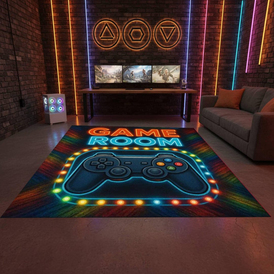 Game Room Rug Pattern Neon Game Room Rug, Controller Gaming Carpet, RGB Gamer Decor Area ...