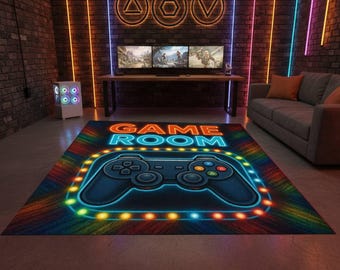 Neon Game Room Rug, Controller Gaming Carpet, RGB Gamer Decor Area Floor Mat