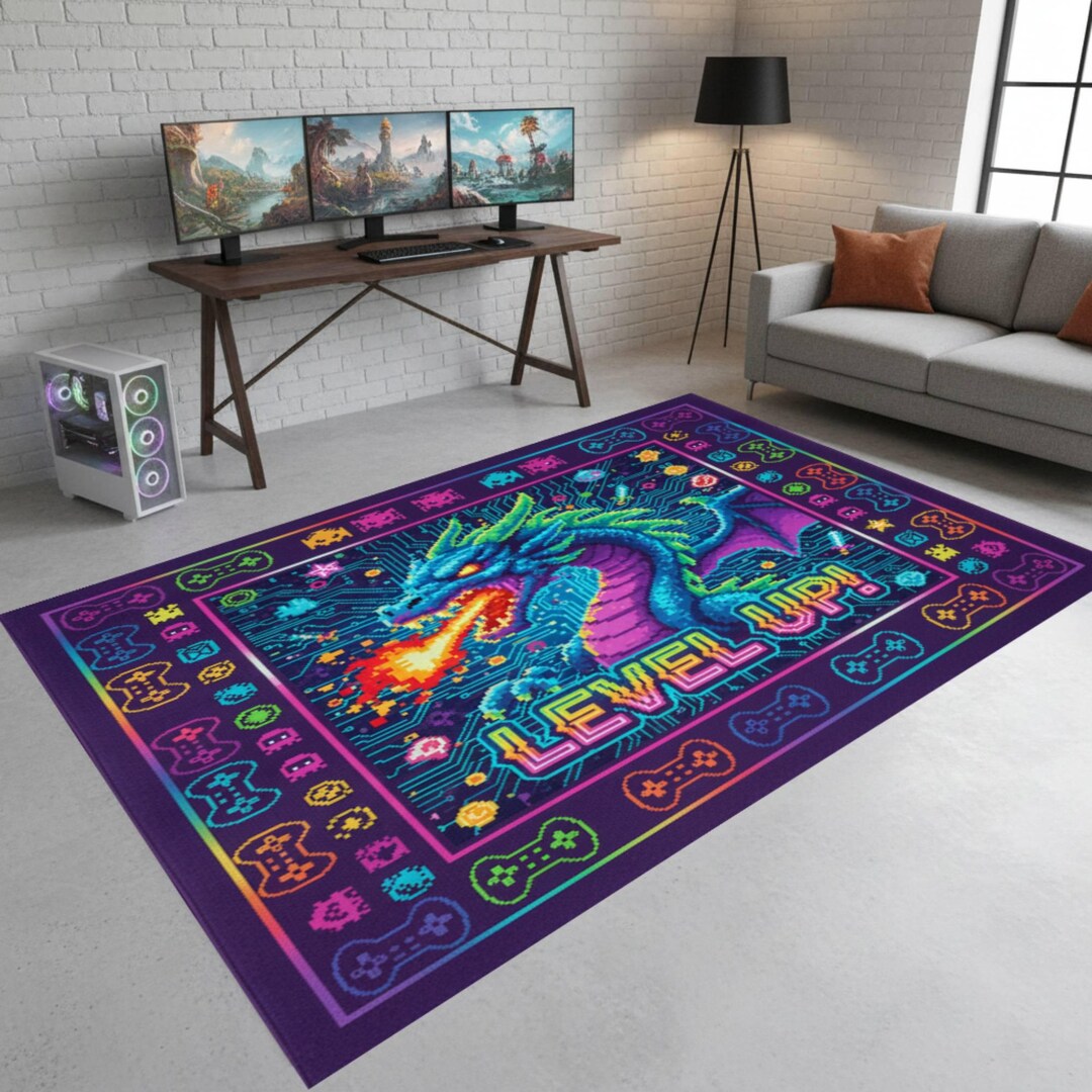 Rgb Gaming Rug Neon Dragon Gaming Area Rug for Gamer Room, Cyber Arcade Style, RGB ...