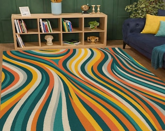 Abstract Wave Rug, Retro Flow Carpet, Mid Century Modern Mat, Colorful Living Room Decor