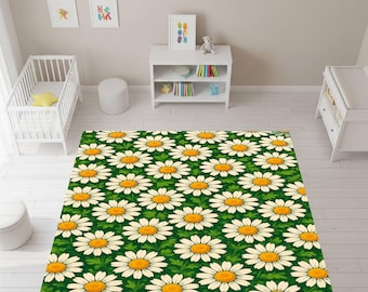 Daisy Floral Rug, Green Botanical Pattern Nursery Playroom Floor Mat Area Decor, Indoor Carpet
