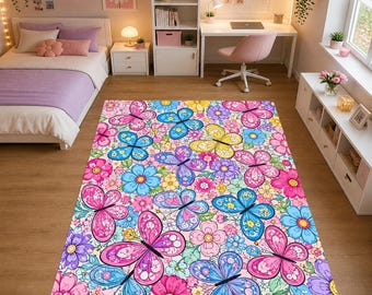 Pastellschmetterlings-Blumenteppich, bunter Gartenteppich, rosa Schlafzimmer-Kinderzimmer-Spielzimmer-dekorativer Akzent-Design