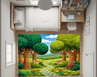 May include: A child's bedroom featuring a colourful forest-themed rug. The rug depicts cartoon trees, foxes, an owl, and a bear. The room includes a bed with white bedding, a desk, and a small window. The overall colour scheme is bright and inviting.