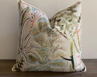 Pastel Succulent Botanical Pillow Cover: Watercolor Sea Floral | Knife Edge, Fringe, Self-Piping, Butterfly Flange