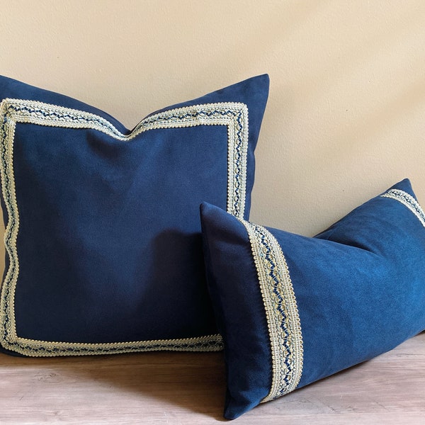 Navy Blue Velvet Pillow Cover with Gimp Braid Trim, Lumbar Pillow Cover, Decorative Pillow, Luxury Accent Decor, Soft Solid Velvet, Textured