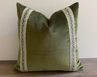 Green Velvet with Gimp Braid Trim Pillow Cover | Square & Lumbar