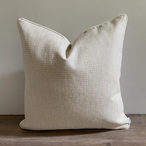 Oatmeal Beige Woven Outdoor Pillow Cover with Piping: Neutral Textured Summer Pillow