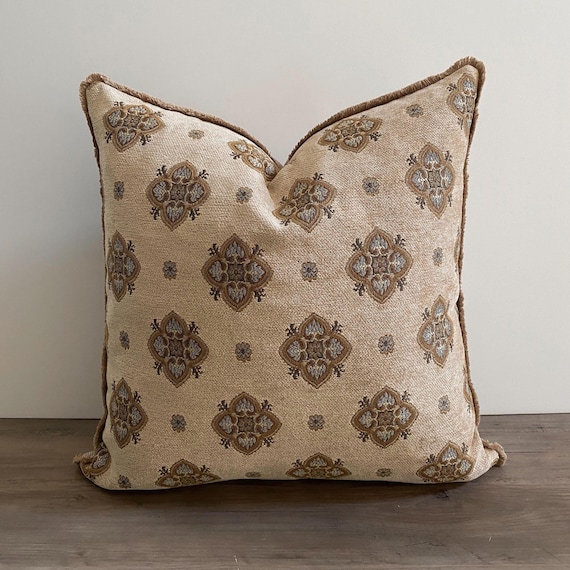 Tan Chenille Pillow Cover: Floral Embroidery with Fringe