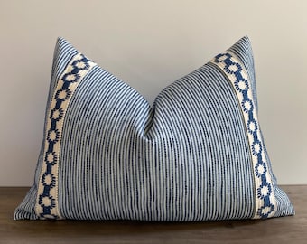 Blue and Ivory Ribbed Stripe Pillow Cover with Trim: Square and Lumbar
