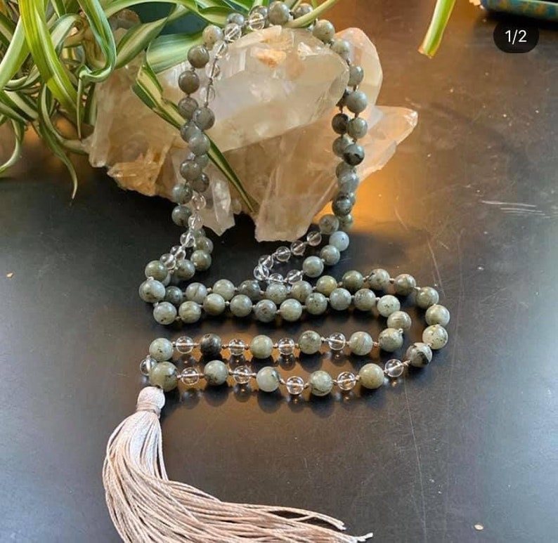 Labradorite mala necklace Clear Quartz mala necklace,