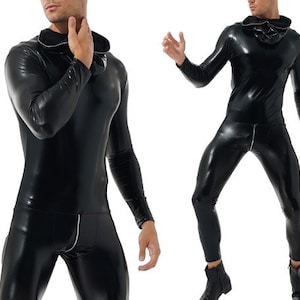 US Men's Glossy Zentai Suits Full Bodysuit Open Face Long Sleeve Hood  Jumpsuit 