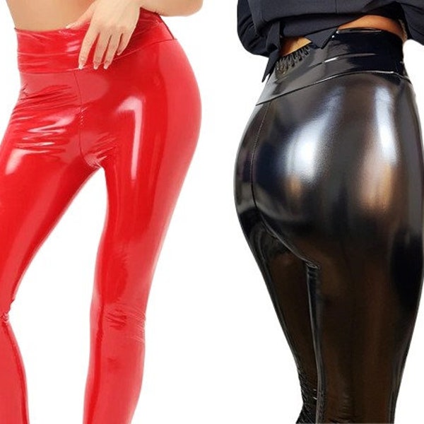 Leggings en latex en faux cuir Pantalon taille haute pour femmes Black Red Shiny Leggings lisses pour femmes Black Red Shiny Tights