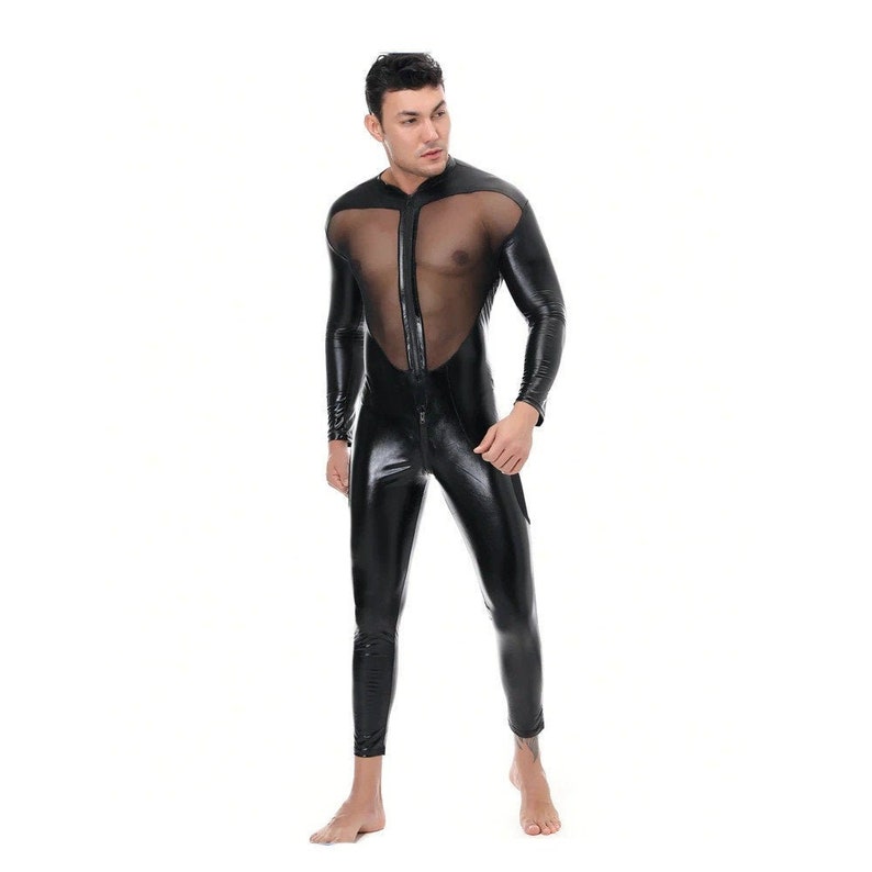 Men's Wet Look Latex Cat Suit Leather Like Faux Bodysuit Fetish Front Zipper Clubwear Erotic Lingerie Bondage Catsuit For Men 