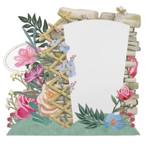 Peut inclure: Une pancarte blanche vide avec un treillis en bois d&eacute;coratif et des fleurs color&eacute;es. La pancarte est encadr&eacute;e par un mur en pierre avec une zone herbeuse verte en bas.