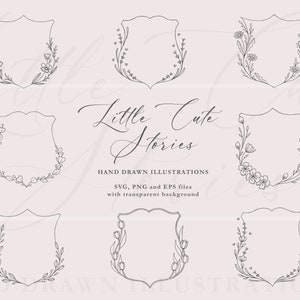 Paquete SVG de signos de escudo, signos de escudo floral PNG, ilustraciones botánicas dibujadas a mano, archivos vectoriales, descarga instantánea, LittleCuteStories