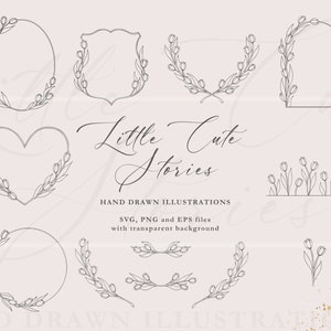 May include: A set of nine hand-drawn floral wreaths and borders with a delicate tulip design. The wreaths are in various shapes, including circles, hearts, and arches. The text "Little Cute Stories" is written in cursive script.