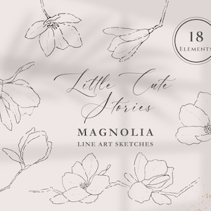 Fine Line Art Hand Drawn Magnolia Flowers | Botanical Illustrations | ClipArt PNG files with transparent background | Immediate Download