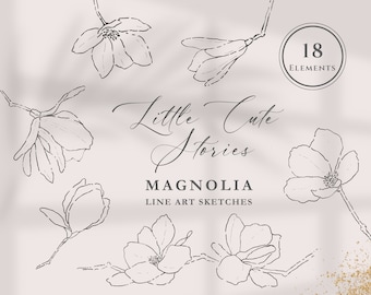 Fiori di magnolia disegnati a mano con linea sottile / Illustrazioni botaniche / ClipArt PNG file con sfondo trasparente / Download immediato