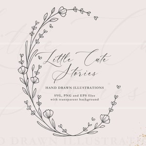 Oval Wreath | Botanical Hand Drawn Floral Garland | Wedding Leaves Circle Invite | ClipArt Vector Set SVG PNG EPS | Immediate Download