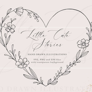 Blumen Herz Kranz | Botanische Handgezeichnete Illustrationen | Gravur Designs | ClipArt Vektor Set SVG PNG EPS | Sofortiger Download