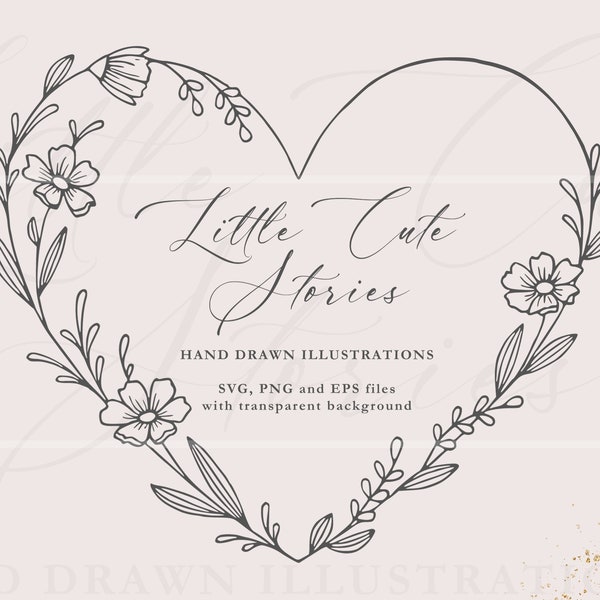 Flowers Heart Wreath | Botanical Hand Drawn Illustrations | Engraving Designs | ClipArt Vector Set SVG PNG EPS | Immediate Download