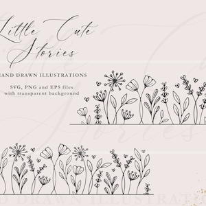 May include: Black and white line art illustration of a field of wildflowers with hearts scattered throughout. The text "Little Cute Stories" is written in cursive at the top of the image.