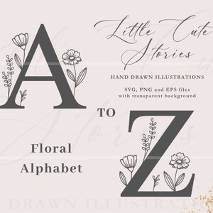 Alfabeto de flores SVG, alfabeto botânico completo PNG, 26 letras desenhadas à mão, iniciais florais, letras de vetor de clipart, monogramas de flores