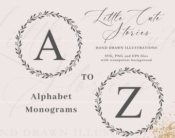 Wreath Alphabet SVG, Monogram Letters PNG, Vector Alphabet, Hand Drawn Laurel Monograms, Vector Clipart Files, LittleCuteStories