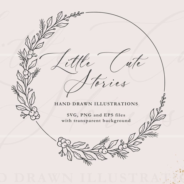 Christmas Wreath SVG, Holly Berry Botanical PNG, Hand Drawn Garland, Vector Designs, Floral Circle PNG, Instant Download, LittleCuteStories