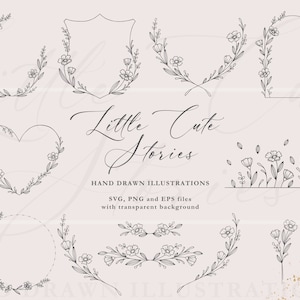 Puede incluir: Un conjunto de 10 ilustraciones de coronas de flores dibujadas a mano en blanco y negro. Las coronas son de varias formas, incluyendo círculos, corazones y escudos. El texto "Little Cute Stories" está escrito en cursiva debajo de las coronas.