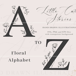 Alfabeto de flores SVG, Alfabeto completo botánico PNG, 26 letras dibujadas a mano, Iniciales florales, Letras vectoriales prediseñadas, Monogramas de flores