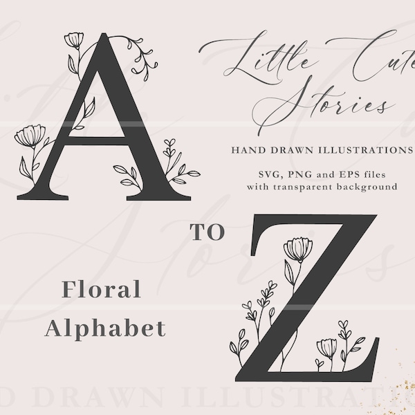 Fleurs Alphabet SVG, Botanique Complet Alphabet PNG, 26 Lettres dessinées à la main, Initiales florales, Lettres vectorielles Clipart, Monogrammes de fleurs