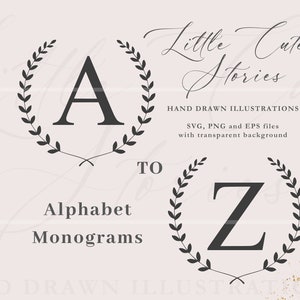 Laurel Alphabet Monogram Wreath Letters | SVG EPS PNG | Hand Drawn Floral Wreath | Vector Clipart Files