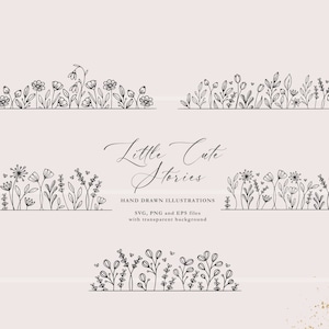 Puede incluir: Cuatro ilustraciones en blanco y negro de bordes de flores silvestres. Las ilustraciones están dibujadas a mano y presentan varios tipos de flores y hojas. El texto "Little Cute Stories" y "HAND DRAWN ILLUSTRATIONS" está incluido en la imagen.