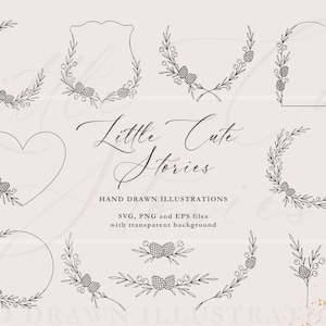 May include: A set of ten black and white hand-drawn floral wreaths and frames. The wreaths and frames are in various shapes, including circles, hearts, and shields. The text "Little Cute Stories" is written in cursive script at the top of the image.