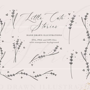 May include: A set of hand-drawn illustrations featuring delicate lavender sprigs with small hearts scattered around them. The text "Little Cute Stories" is written in a cursive font above the illustrations. The text "HAND DRAWN ILLUSTRATIONS" and "SVG, PNG and EPS files with transparent background" is written below the illustrations.