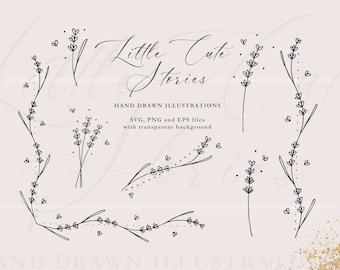 Ręcznie rysowane elementy lawendy | Ilustracje botaniczne | Separatory | Gałązki lawendy | Zestaw wektorów ClipArt SVG PNG EPS | Natychmiastowe pobranie