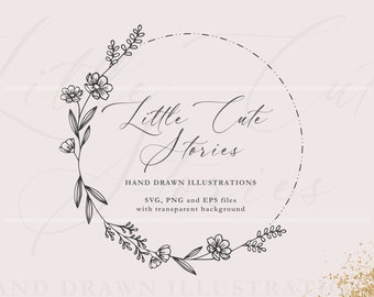 Flowers and Leaves Wreath SVG, Botanical PNG, Hand Drawn Garland, Vector Designs, Floral Circle PNG, Instant Download, LittleCuteStories